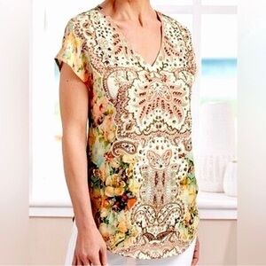 Soft Surroundings Patria Beaded Floral V Neck Top Size Large